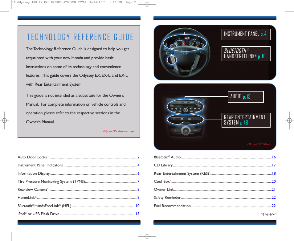 Technology reference guide, Bluetooth, Handsfreelink | HONDA 2012 Odyssey (EX, EX-L, EX-L with RES (no Navi) ) - Technology Reference Guide User Manual | Page 2 / 13