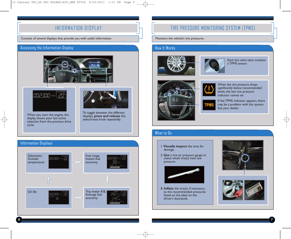 Information display, Tire pressure monitoring system (tpms) | HONDA 2012 Odyssey (EX, EX-L, EX-L with RES (no Navi) ) - Technology Reference Guide User Manual | Page 5 / 13