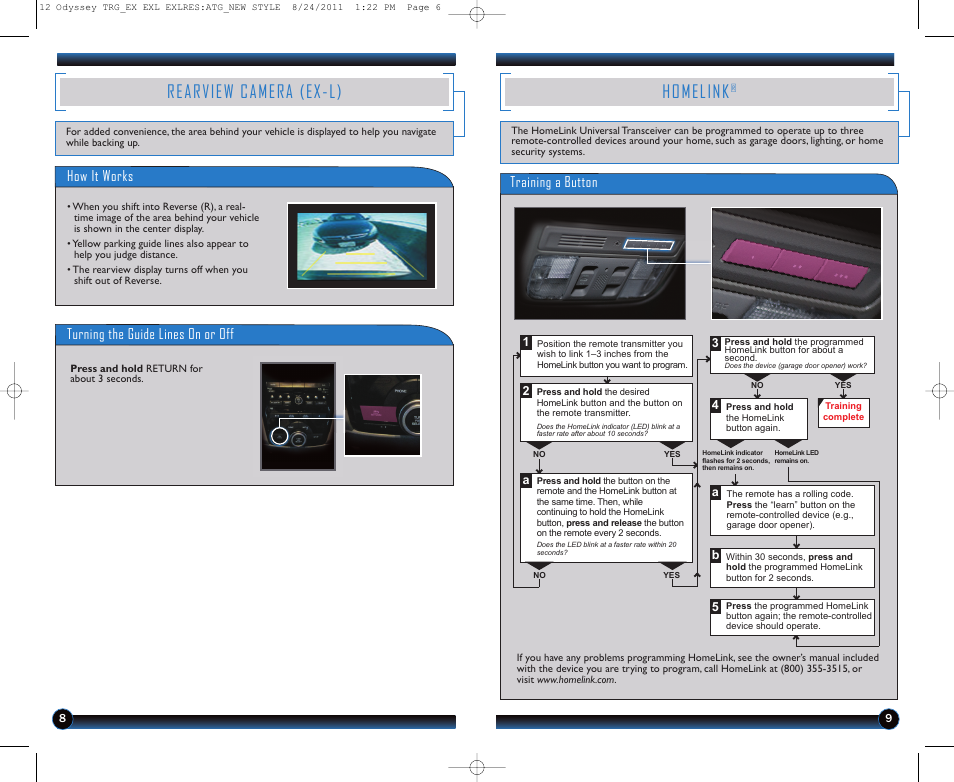 Homelink, Rearview camera (ex-l), Training a button | How it works, Turning the guide lines on or off | HONDA 2012 Odyssey (EX, EX-L, EX-L with RES (no Navi) ) - Technology Reference Guide User Manual | Page 6 / 13