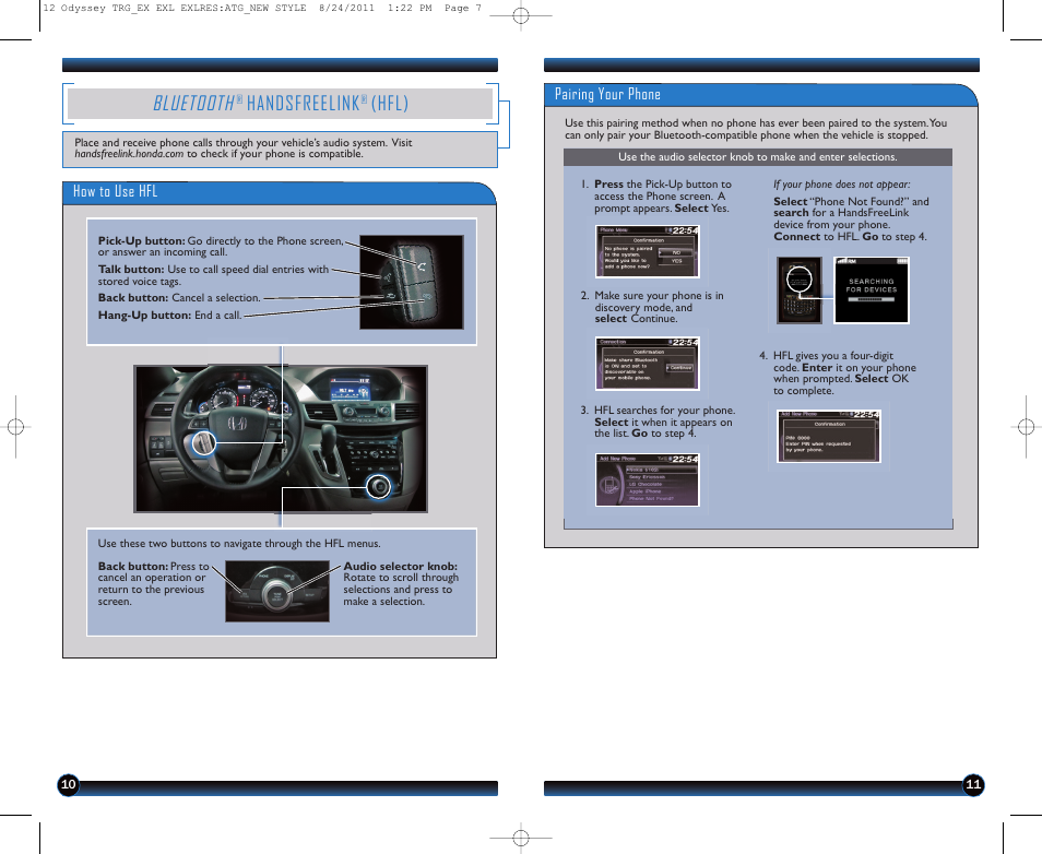 P.10, Bluetooth, Handsfreelink | Hfl) | HONDA 2012 Odyssey (EX, EX-L, EX-L with RES (no Navi) ) - Technology Reference Guide User Manual | Page 7 / 13