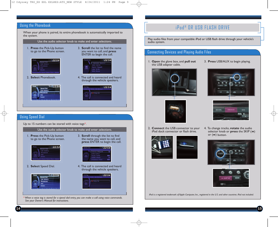 P.15, Ipod, Or usb flash drive | Using the phonebook, Using speed dial, Connecting devices and playing audio files | HONDA 2012 Odyssey (EX, EX-L, EX-L with RES (no Navi) ) - Technology Reference Guide User Manual | Page 9 / 13