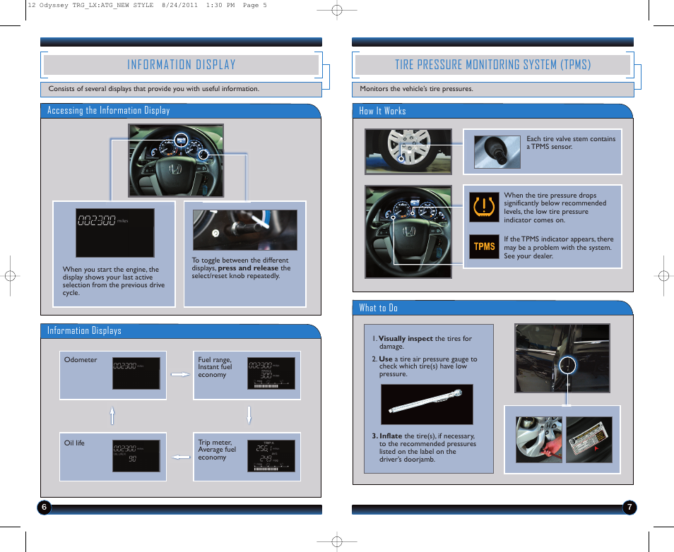 Information display, Tire pressure monitoring system (tpms) | HONDA 2012 Odyssey (LX) - Technology Reference Guide User Manual | Page 5 / 6