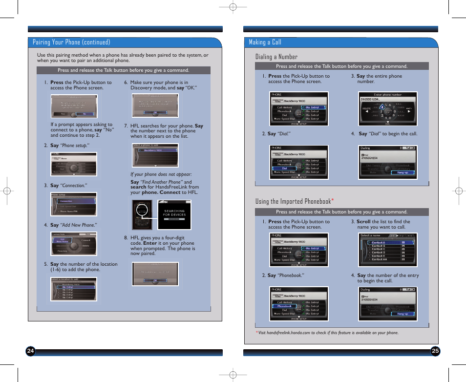 Pairing your phone (continued), Making a call dialing a number, Using the imported phonebook | HONDA 2012 Odyssey (Touring, Touring Elite ) - Technology Reference Guide User Manual | Page 14 / 22