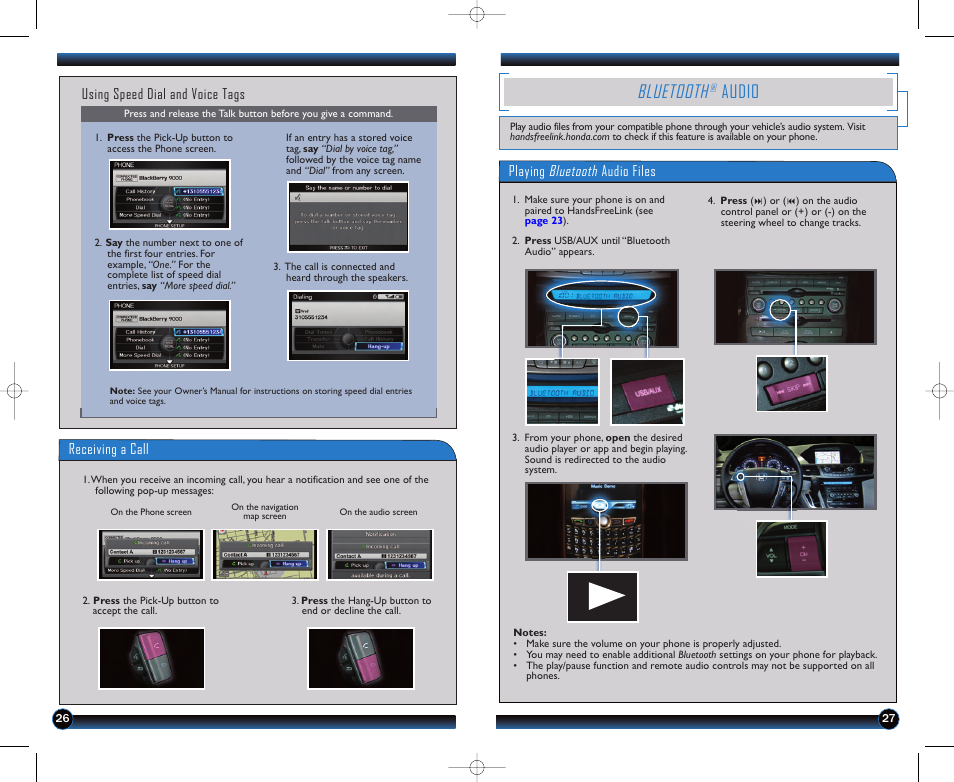 P.27, Bluetooth, Audio | Using speed dial and voice tags, Receiving a call, Playing bluetooth audio files | HONDA 2012 Odyssey (Touring, Touring Elite ) - Technology Reference Guide User Manual | Page 15 / 22