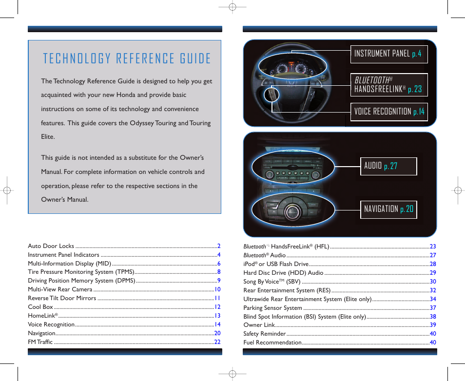 Technology reference guide, Bluetooth, Handsfreelink | HONDA 2012 Odyssey (Touring, Touring Elite ) - Technology Reference Guide User Manual | Page 2 / 22