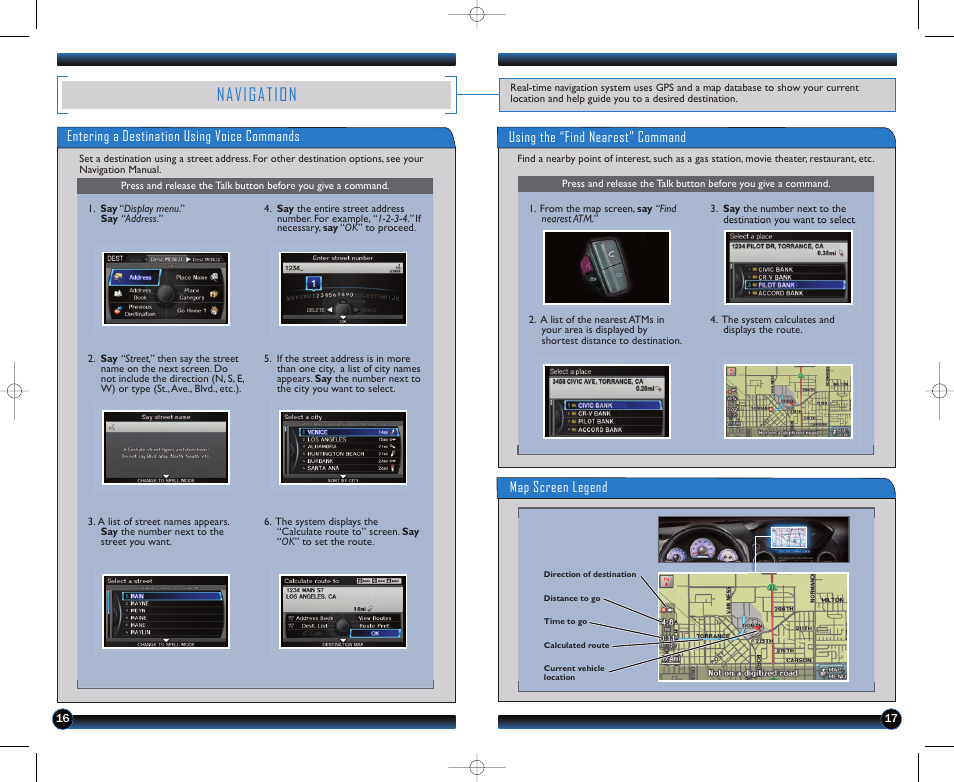 P.16, P. 16, Navigation | Entering a destination using voice commands, Using the “find nearest” command map screen legend | HONDA 2012 Pilot (EX-L with Navigation) - Technology Reference Guide User Manual | Page 10 / 16