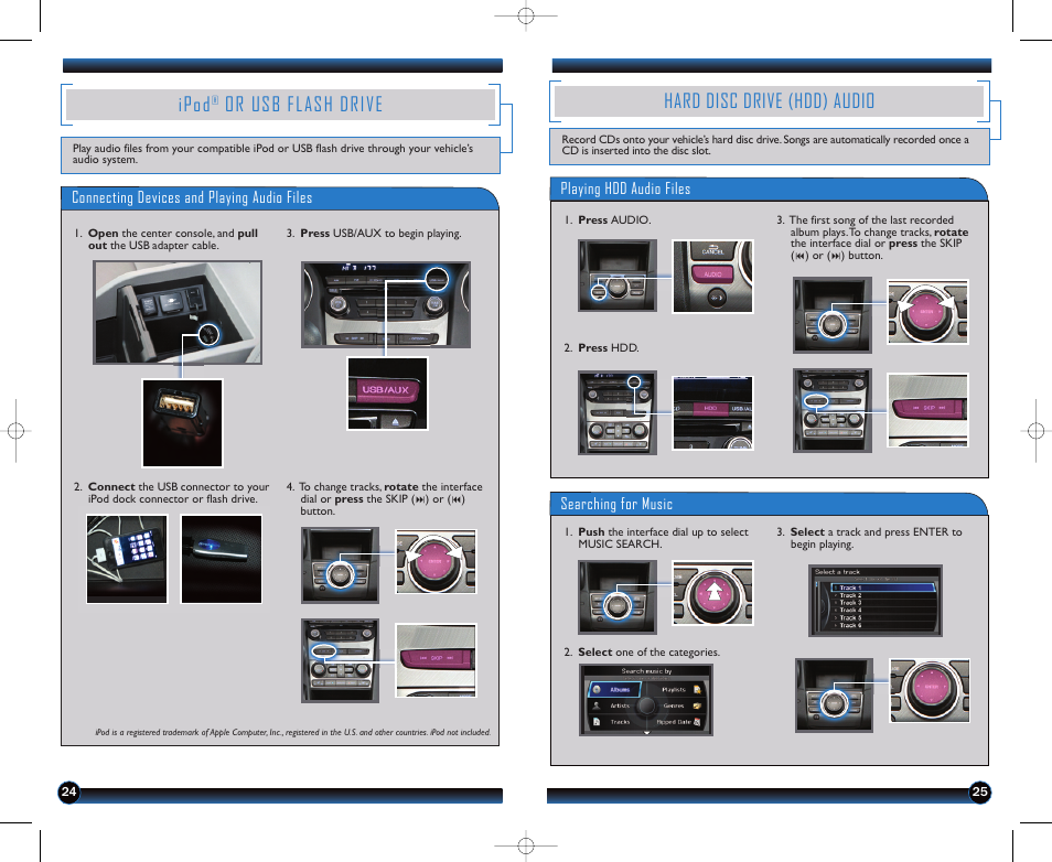 Ipod, Or usb flash drive, Hard disc drive (hdd) audio | HONDA 2012 Pilot (EX-L with Navigation) - Technology Reference Guide User Manual | Page 14 / 16