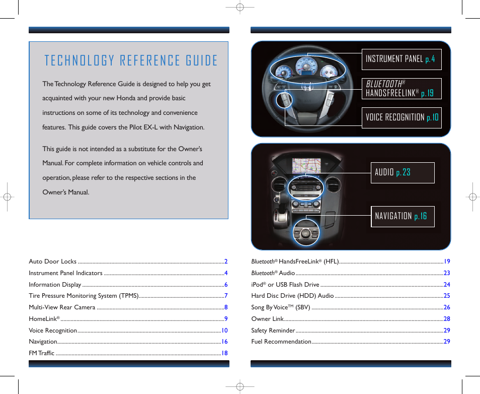 Technology reference guide, Bluetooth, Handsfreelink | HONDA 2012 Pilot (EX-L with Navigation) - Technology Reference Guide User Manual | Page 2 / 16