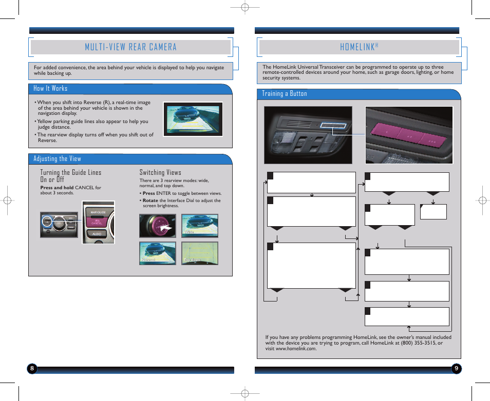 Multi-view rear camera, Homelink, Training a button | Adjusting the view, Turning the guide lines on or off switching views, How it works | HONDA 2012 Pilot (EX-L with Navigation) - Technology Reference Guide User Manual | Page 6 / 16