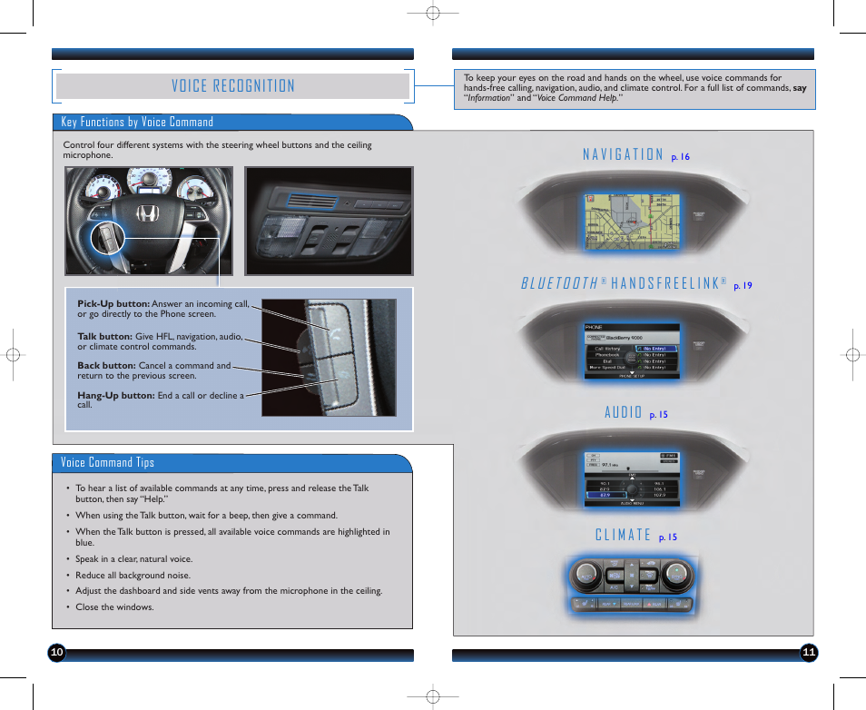 P.10, Voice recognition, Audio | HONDA 2012 Pilot (EX-L with Navigation) - Technology Reference Guide User Manual | Page 7 / 16