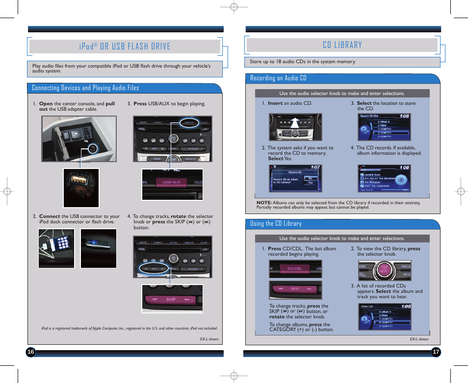 Cd library, Ipod, Or usb flash drive | Recording an audio cd, Using the cd library, Connecting devices and playing audio files | HONDA 2012 Pilot (EX-L and EX-L with RES) - Technology Reference Guide User Manual | Page 10 / 12