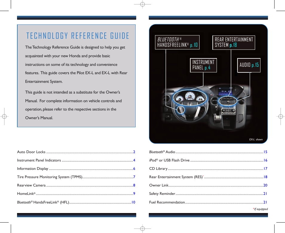 Technology reference guide, Bluetooth, Audio p.15 rear entertainment system p.18 | Handsfreelink, P.10 instrument panel p.4 | HONDA 2012 Pilot (EX-L and EX-L with RES) - Technology Reference Guide User Manual | Page 2 / 12