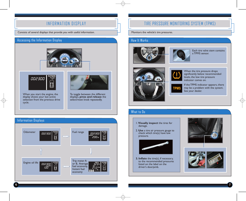 Information display, Tire pressure monitoring system (tpms) | HONDA 2012 Pilot (EX-L and EX-L with RES) - Technology Reference Guide User Manual | Page 5 / 12