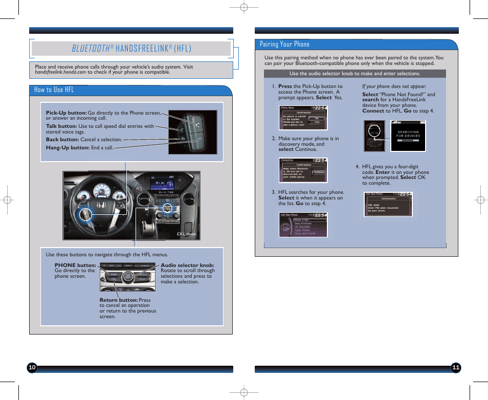 P.10, Bluetooth, Handsfreelink | Hfl), Pairing your phone how to use hfl | HONDA 2012 Pilot (EX-L and EX-L with RES) - Technology Reference Guide User Manual | Page 7 / 12