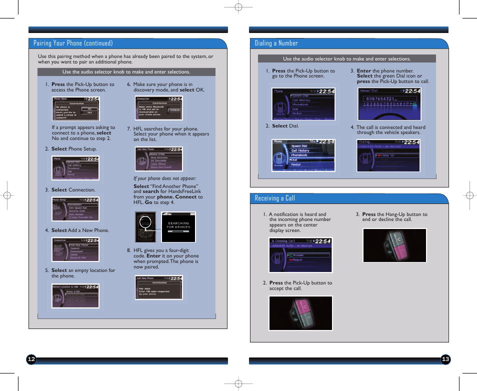 Dialing a number receiving a call, Pairing your phone (continued) | HONDA 2012 Pilot (EX-L and EX-L with RES) - Technology Reference Guide User Manual | Page 8 / 12