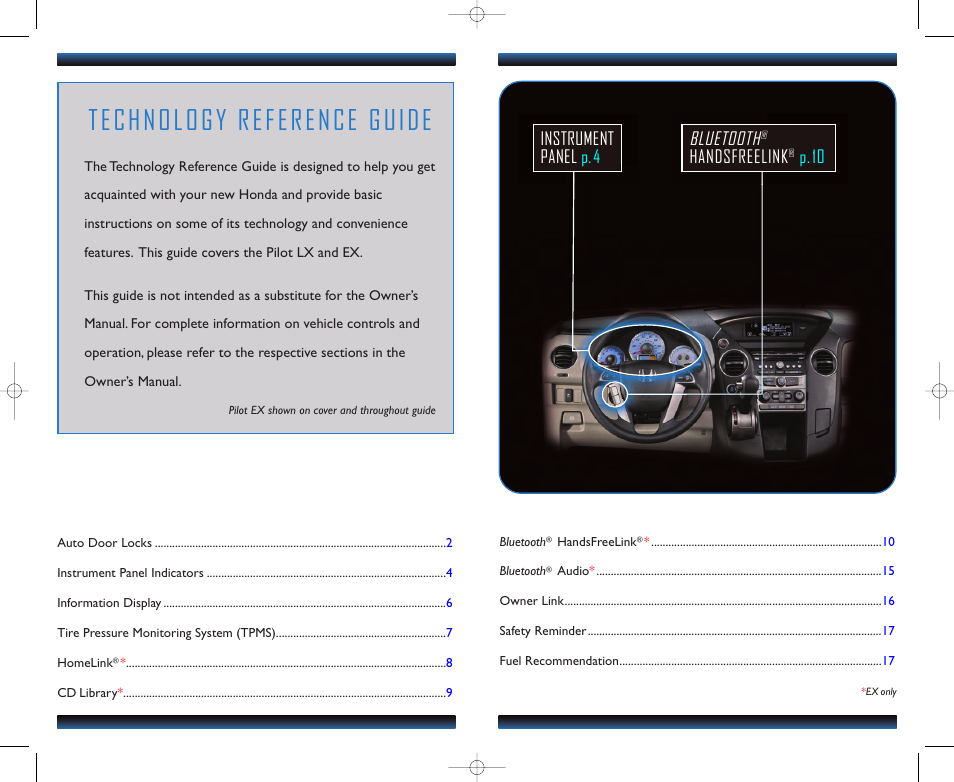 Technology reference guide, Bluetooth, Handsfreelink | P.10 instrument panel p.4 | HONDA 2012 Pilot (LX and EX) - Technology Reference Guide User Manual | Page 2 / 10