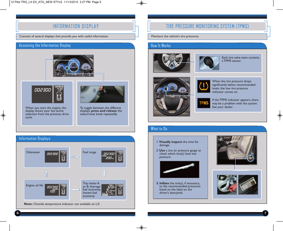Information display, Tire pressure monitoring system (tpms) | HONDA 2012 Pilot (LX and EX) - Technology Reference Guide User Manual | Page 5 / 10