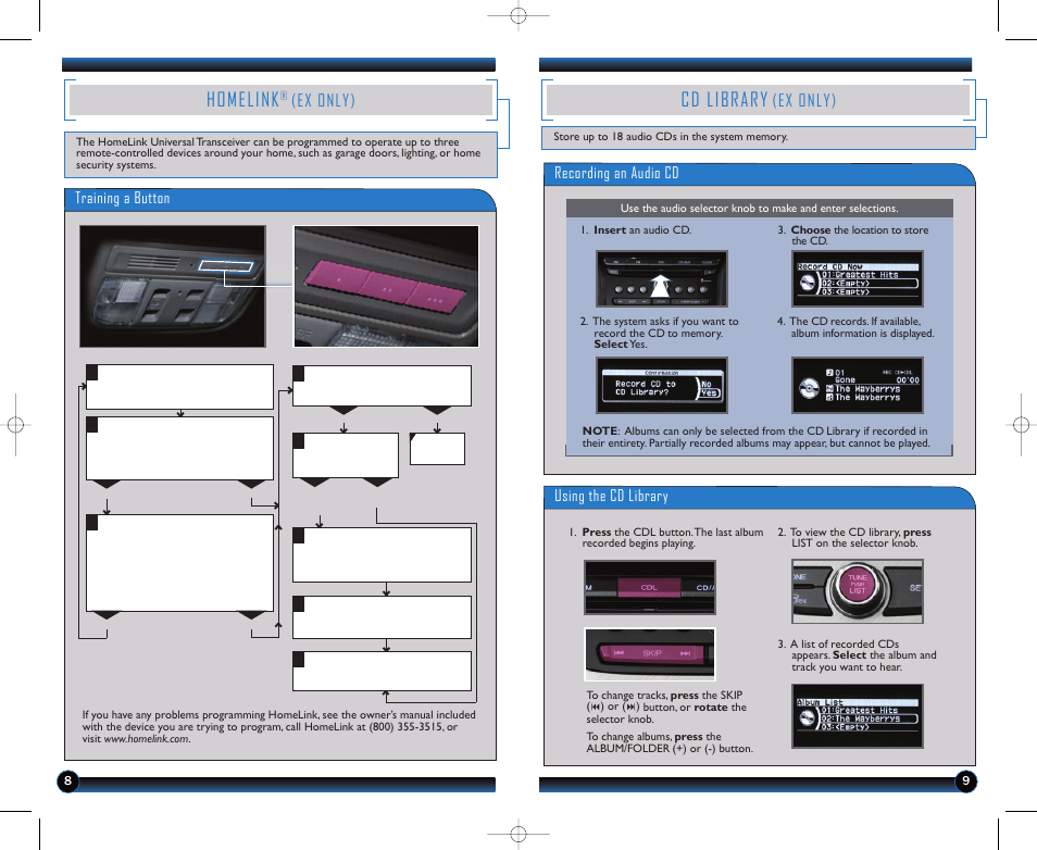 Homelink, Cd library, Ex only) | Training a button, Recording an audio cd, Using the cd library | HONDA 2012 Pilot (LX and EX) - Technology Reference Guide User Manual | Page 6 / 10