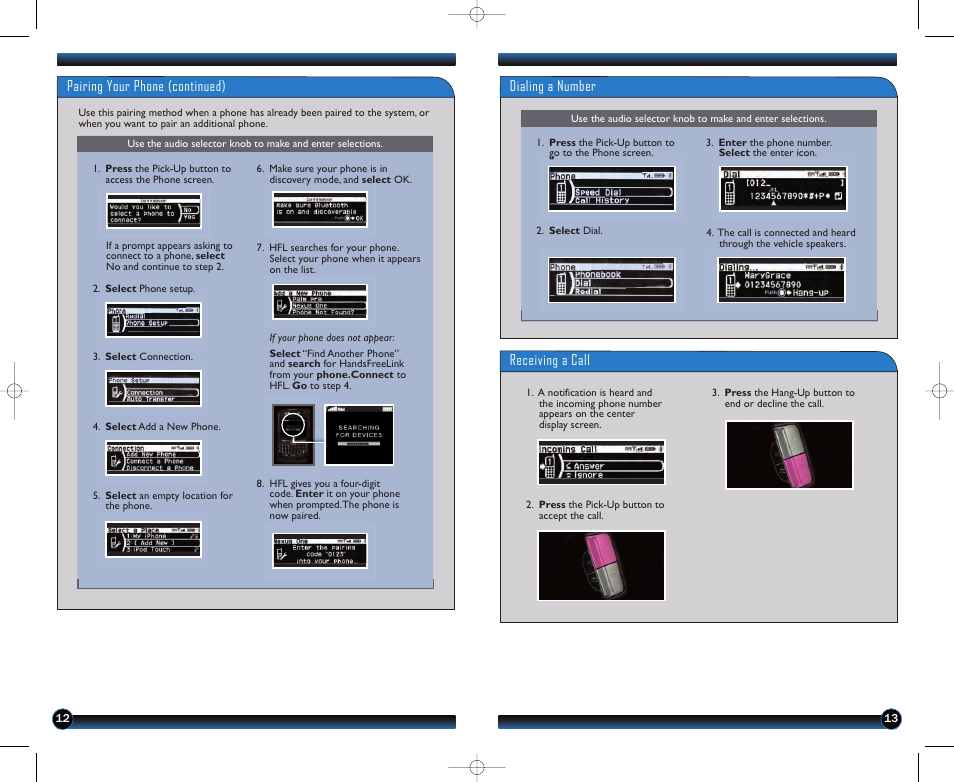Dialing a number receiving a call, Pairing your phone (continued) | HONDA 2012 Pilot (LX and EX) - Technology Reference Guide User Manual | Page 8 / 10