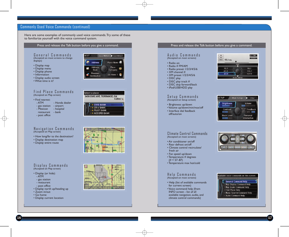 P. 17, Commonly used voice commands (continued), Climate control commands | HONDA 2012 Pilot (Touring) - Technology Reference Guide User Manual | Page 10 / 19