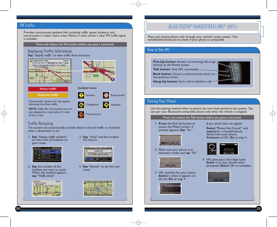 P.21, P. 21, Bluetooth | Handsfreelink, Hfl), How to use hfl pairing your phone fm traffic, Displaying traffic information, Traffic rerouting | HONDA 2012 Pilot (Touring) - Technology Reference Guide User Manual | Page 12 / 19