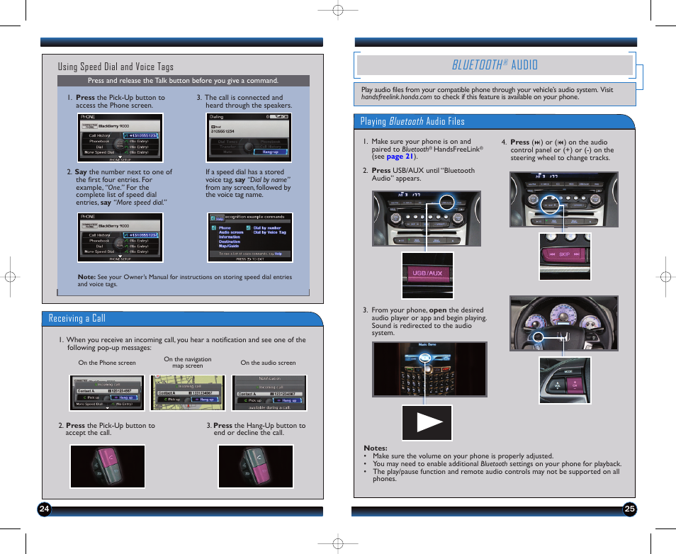 P.25, Bluetooth, Audio | Using speed dial and voice tags, Receiving a call, Playing bluetooth audio files | HONDA 2012 Pilot (Touring) - Technology Reference Guide User Manual | Page 14 / 19