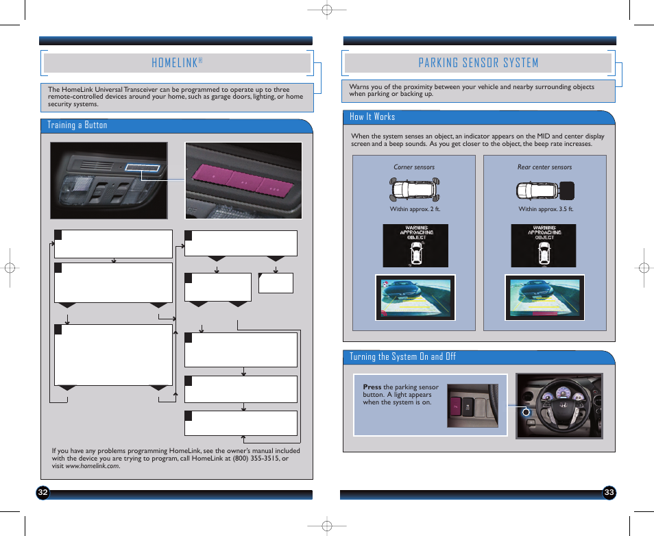 Homelink, Parking sensor system, Training a button | How it works turning the system on and off | HONDA 2012 Pilot (Touring) - Technology Reference Guide User Manual | Page 18 / 19