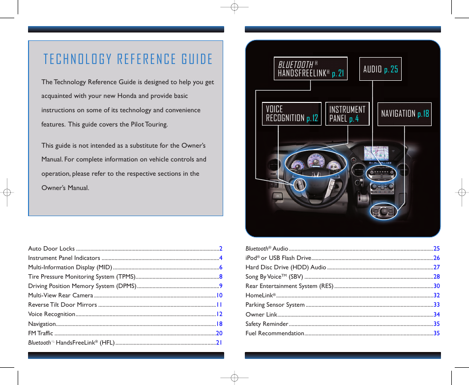 Technology reference guide, Bluetooth, Handsfreelink | HONDA 2012 Pilot (Touring) - Technology Reference Guide User Manual | Page 2 / 19