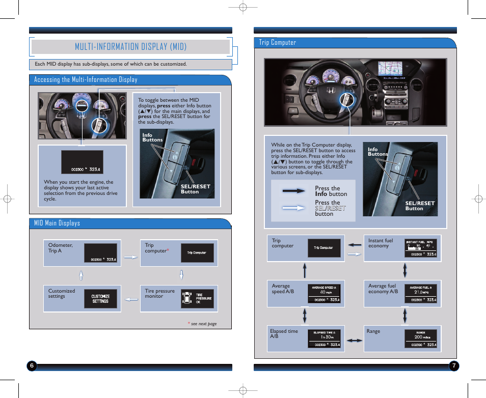 Multi-information display (mid), Accessing the multi-information display, Mid main displays | Trip computer | HONDA 2012 Pilot (Touring) - Technology Reference Guide User Manual | Page 5 / 19