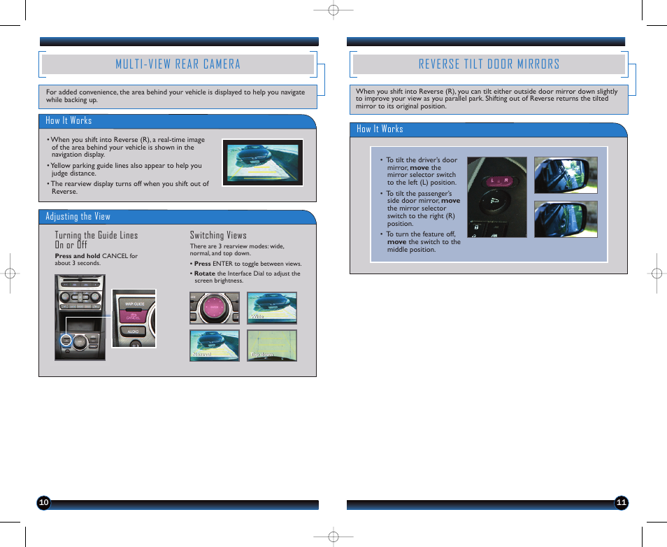 Multi-view rear camera, Reverse tilt door mirrors, Adjusting the view | Turning the guide lines on or off switching views, How it works | HONDA 2012 Pilot (Touring) - Technology Reference Guide User Manual | Page 7 / 19