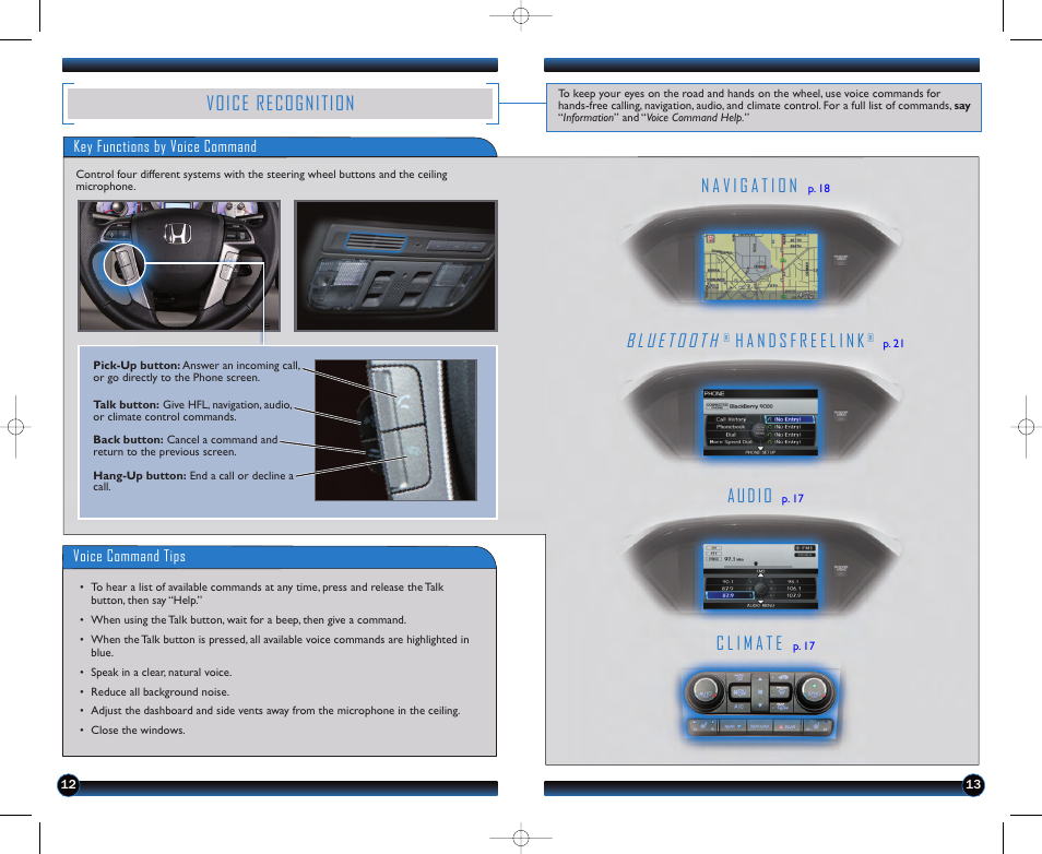 P.12, Voice recognition, Audio | HONDA 2012 Pilot (Touring) - Technology Reference Guide User Manual | Page 8 / 19