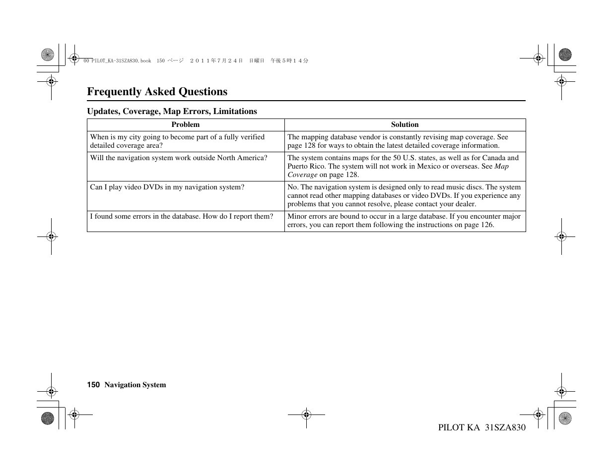 Frequently asked questions | HONDA 2012 Pilot - Navigation Manual User Manual | Page 151 / 179