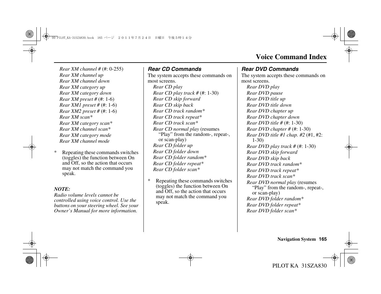 Voice command index | HONDA 2012 Pilot - Navigation Manual User Manual | Page 166 / 179