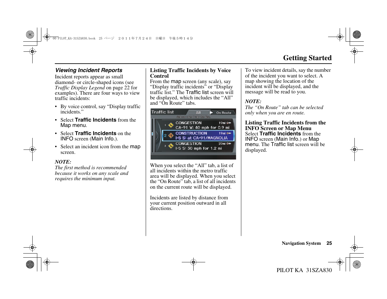 Getting started | HONDA 2012 Pilot - Navigation Manual User Manual | Page 26 / 179