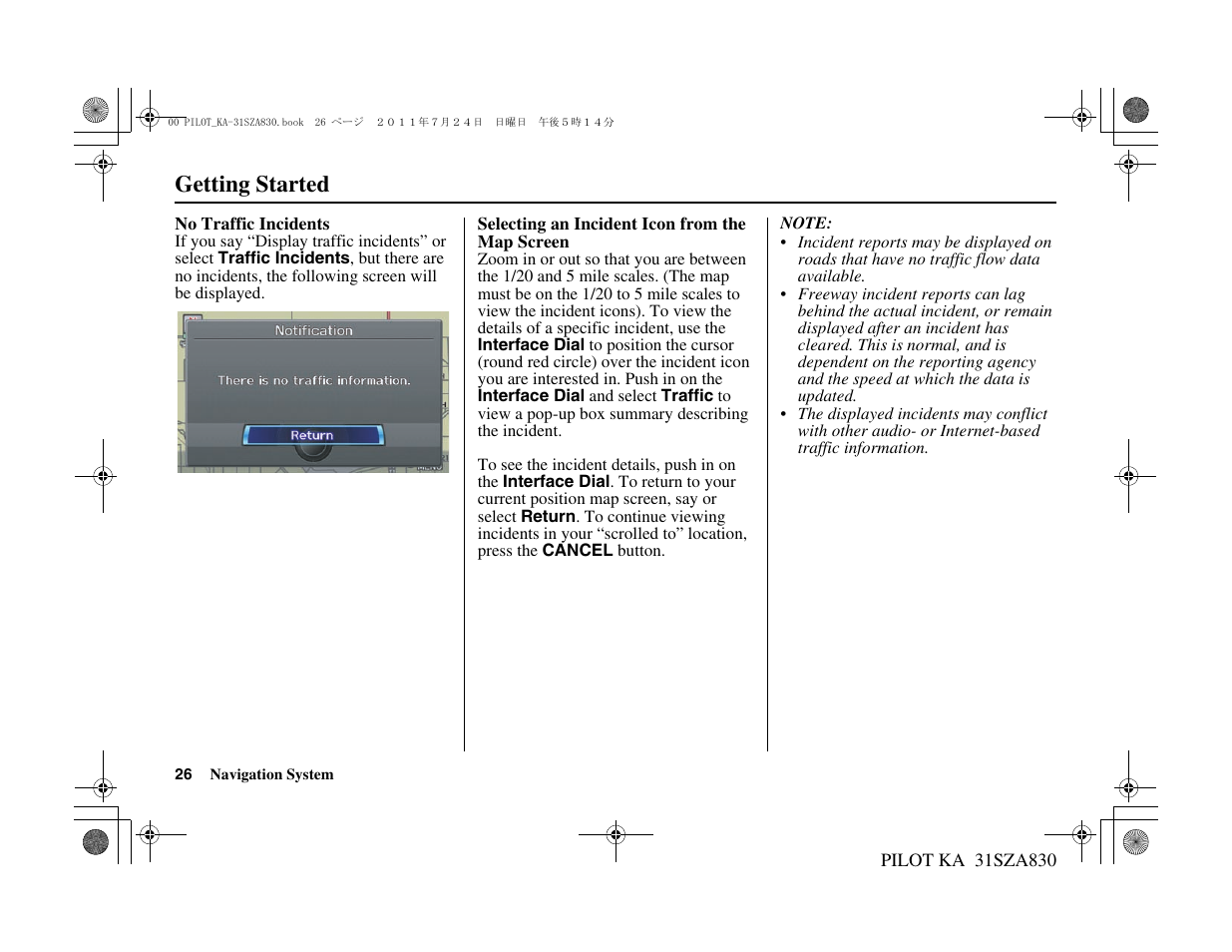 Getting started | HONDA 2012 Pilot - Navigation Manual User Manual | Page 27 / 179