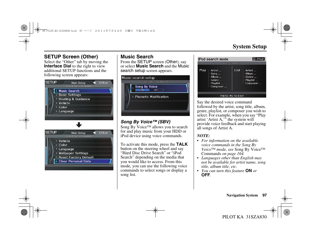 System setup | HONDA 2012 Pilot - Navigation Manual User Manual | Page 98 / 179