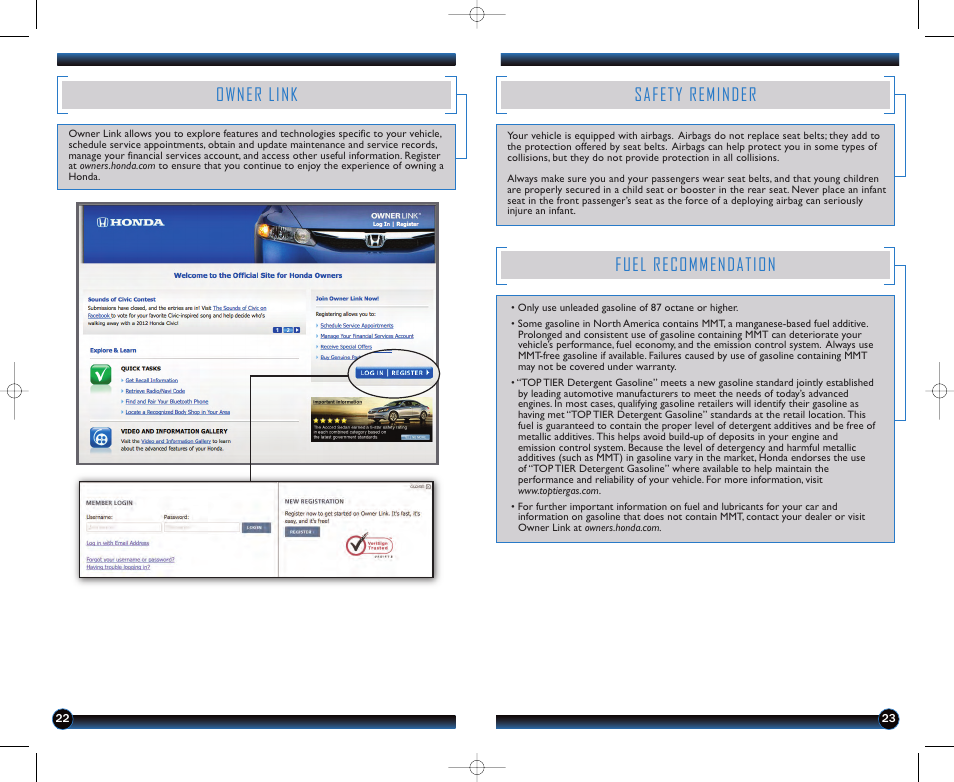 Owner link, Safety reminder, Fuel recommendation | HONDA 2012 Ridgeline - Technology Reference Guide User Manual | Page 13 / 13