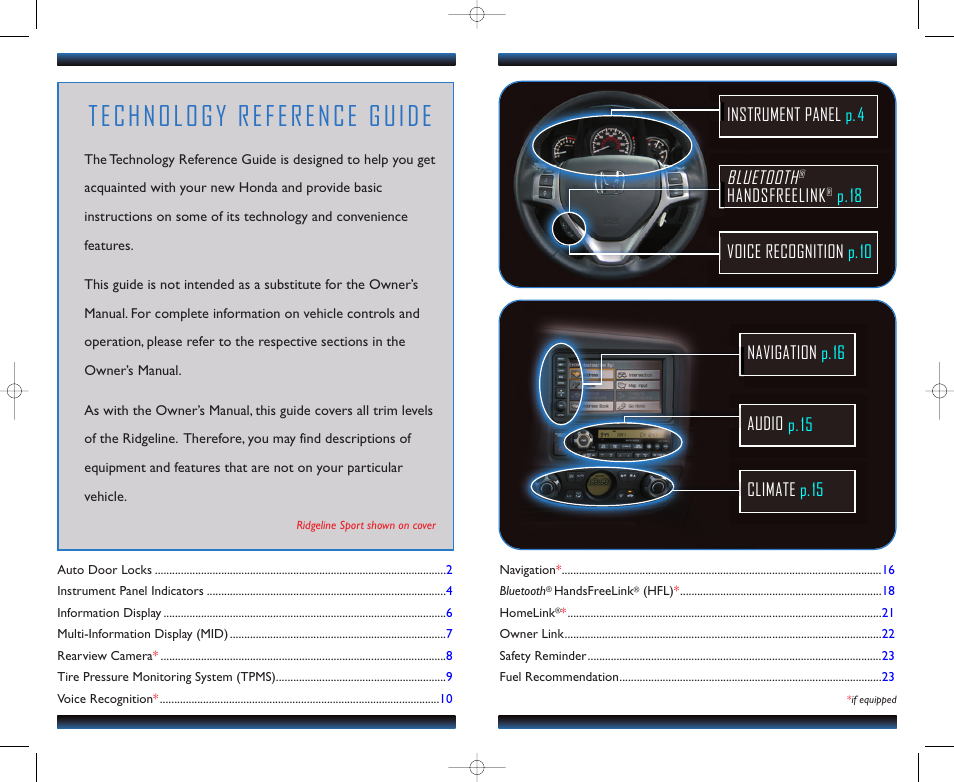 Technology reference guide, Bluetooth, Handsfreelink | HONDA 2012 Ridgeline - Technology Reference Guide User Manual | Page 2 / 13