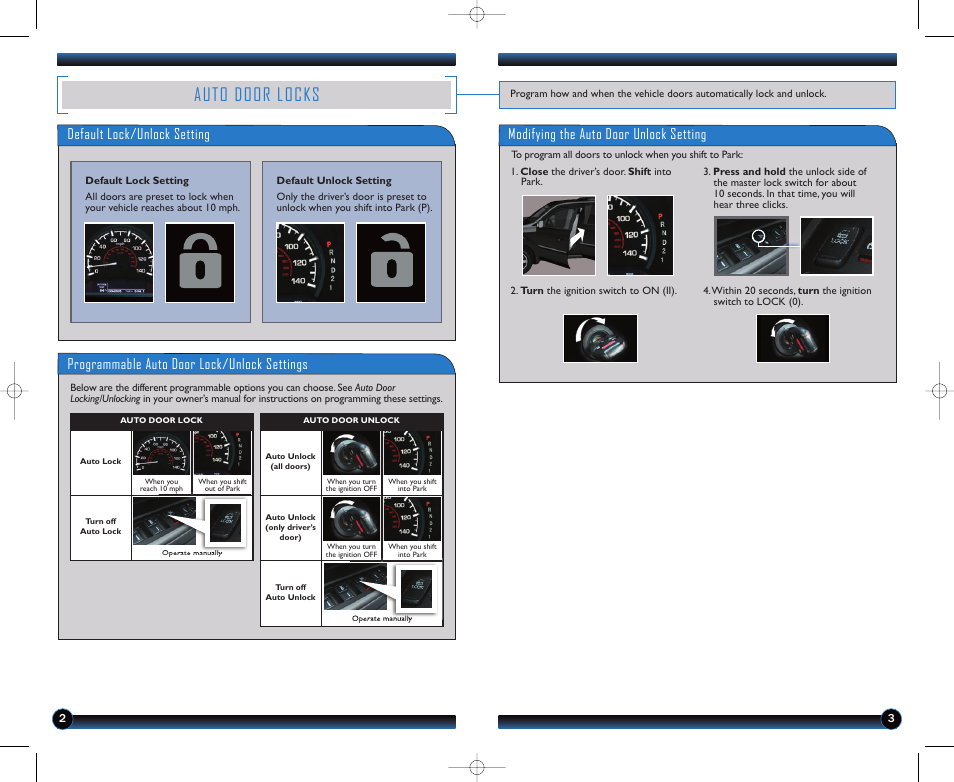 Auto door locks, Default lock/unlock setting, Programmable auto door lock/unlock settings | Modifying the auto door unlock setting | HONDA 2012 Ridgeline - Technology Reference Guide User Manual | Page 3 / 13