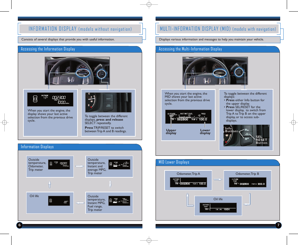 Information display, Multi-information display (mid), Models without navigation) | Models with navigation) | HONDA 2012 Ridgeline - Technology Reference Guide User Manual | Page 5 / 13