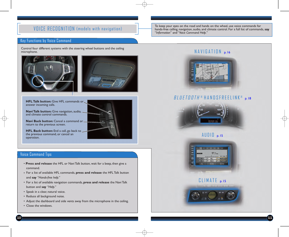 P.10, Voice recognition, Audio | Models with navigation) | HONDA 2012 Ridgeline - Technology Reference Guide User Manual | Page 7 / 13