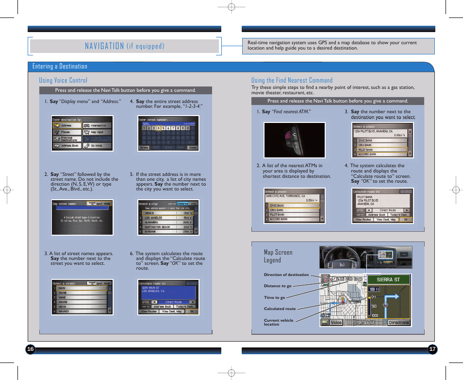 Navigation, If equipped), Map screen legend | Using voice control | HONDA 2011 Ridgeline - Technology Reference Guide User Manual | Page 10 / 13