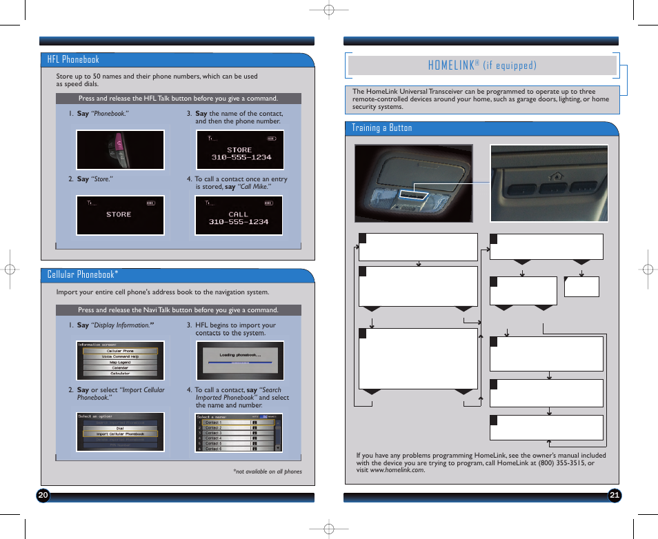 Homelink, If equipped), Hfl phonebook | Cellular phonebook, Training a button | HONDA 2011 Ridgeline - Technology Reference Guide User Manual | Page 12 / 13