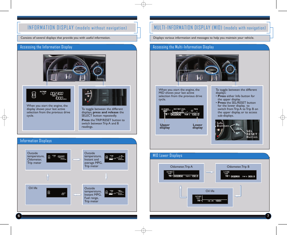 Information display, Multi-information display (mid), Models without navigation) | Models with navigation) | HONDA 2011 Ridgeline - Technology Reference Guide User Manual | Page 5 / 13