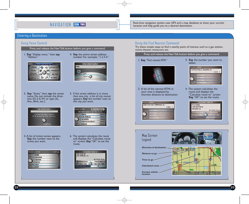 Navigation, Entering a destination using voice control, Using the find nearest command | Map screen legend | HONDA 2011 Pilot - Technology Reference Guide User Manual | Page 13 / 17