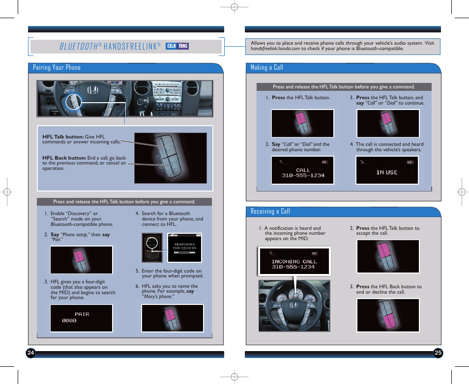 Bluetooth, Handsfreelink, Pairing your phone | Making a call, Receiving a call | HONDA 2011 Pilot - Technology Reference Guide User Manual | Page 14 / 17