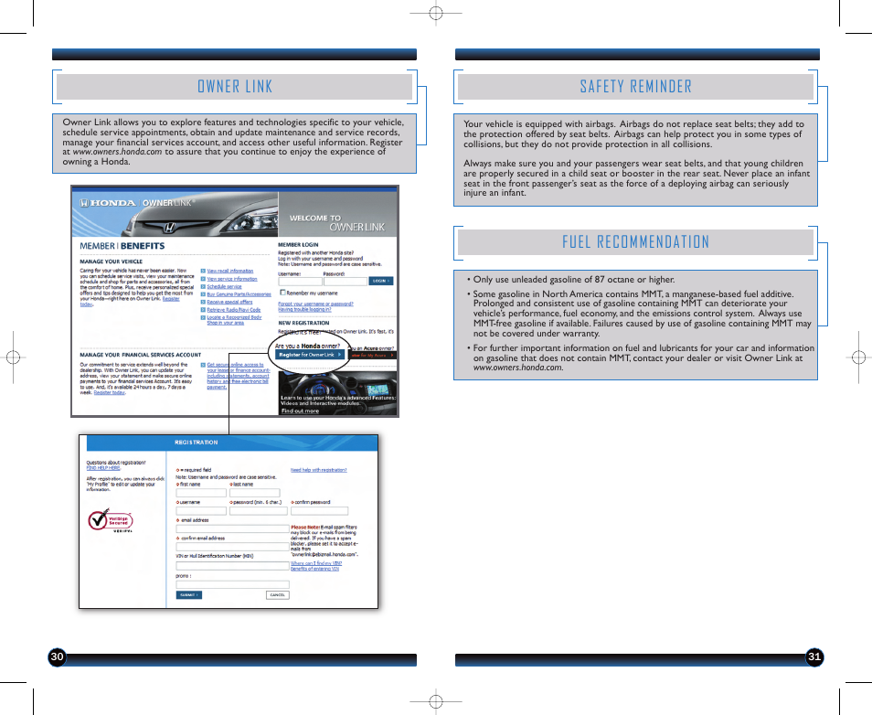Owner link, Safety reminder, Fuel recommendation | HONDA 2011 Pilot - Technology Reference Guide User Manual | Page 17 / 17