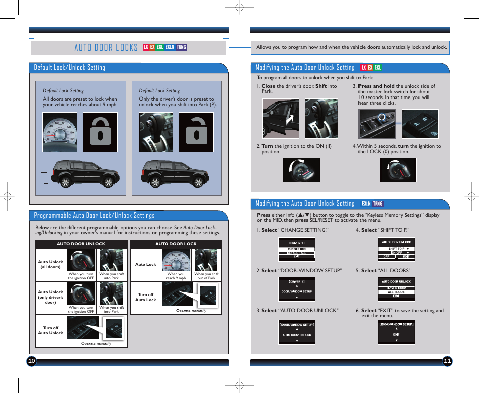 Auto door locks, Default lock/unlock setting, Modifying the auto door unlock setting | HONDA 2011 Pilot - Technology Reference Guide User Manual | Page 7 / 17