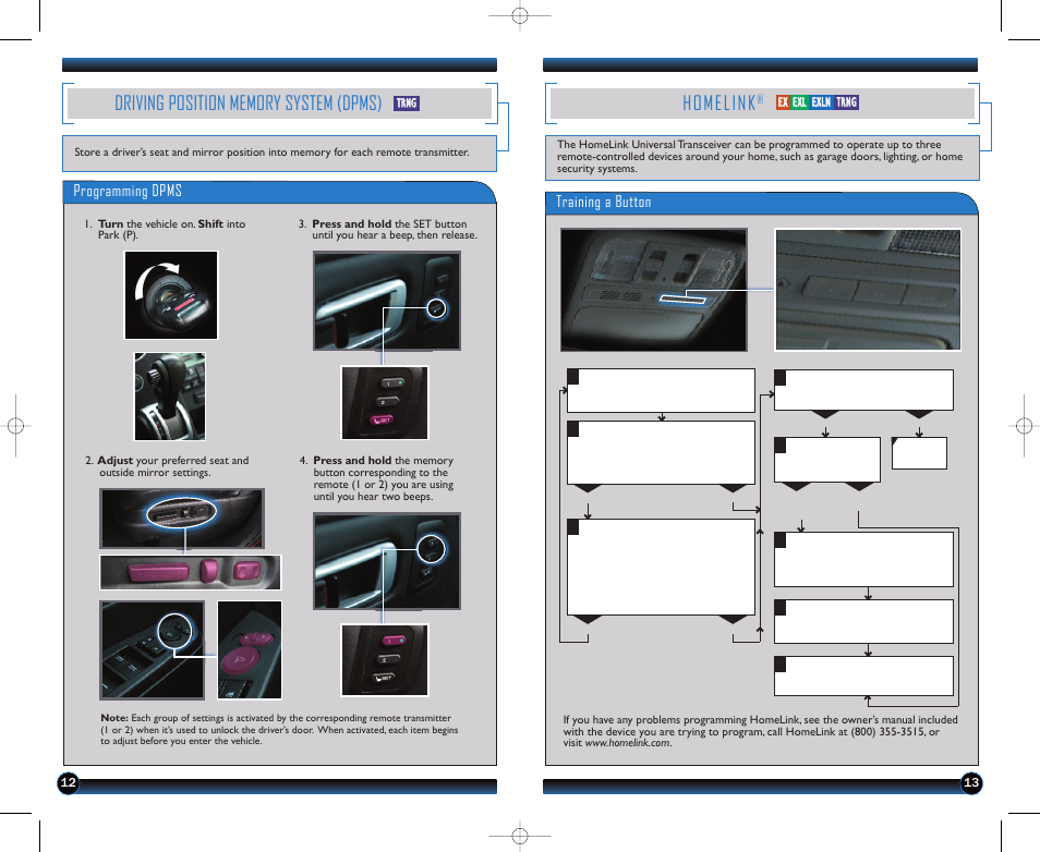 Homelink, Programming dpms, Training a button | HONDA 2011 Pilot - Technology Reference Guide User Manual | Page 8 / 17