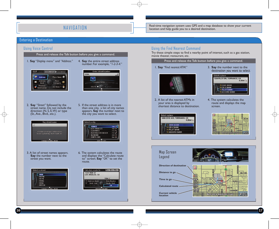 Navigation, Map screen legend, Using voice control | HONDA 2011 Odyssey (EX-L Navi) - Technology Reference Guide User Manual | Page 10 / 16
